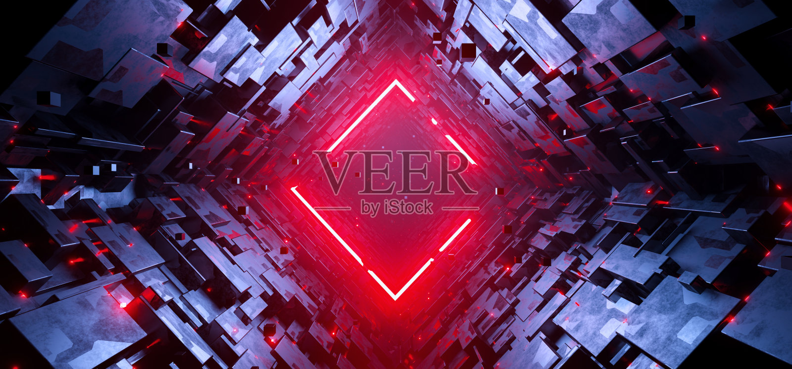 科幻钻石隧道与霓虹红色激光菱形标志概念背景照片摄影图片