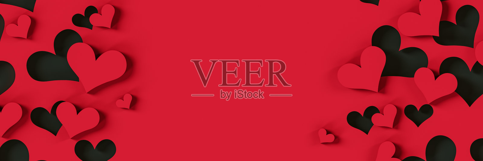 红色情人节贺卡设计剪出红纸心和复制空间在红色的背景。照片摄影图片