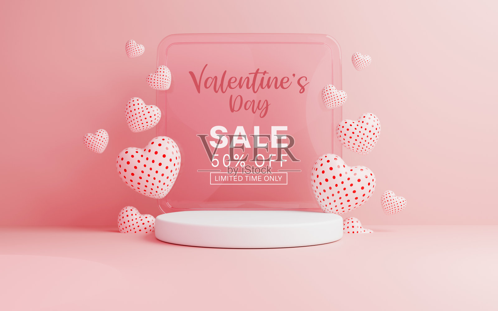 情人节销售横幅，白色讲台，3D心形气球和方形玻璃框架。照片摄影图片