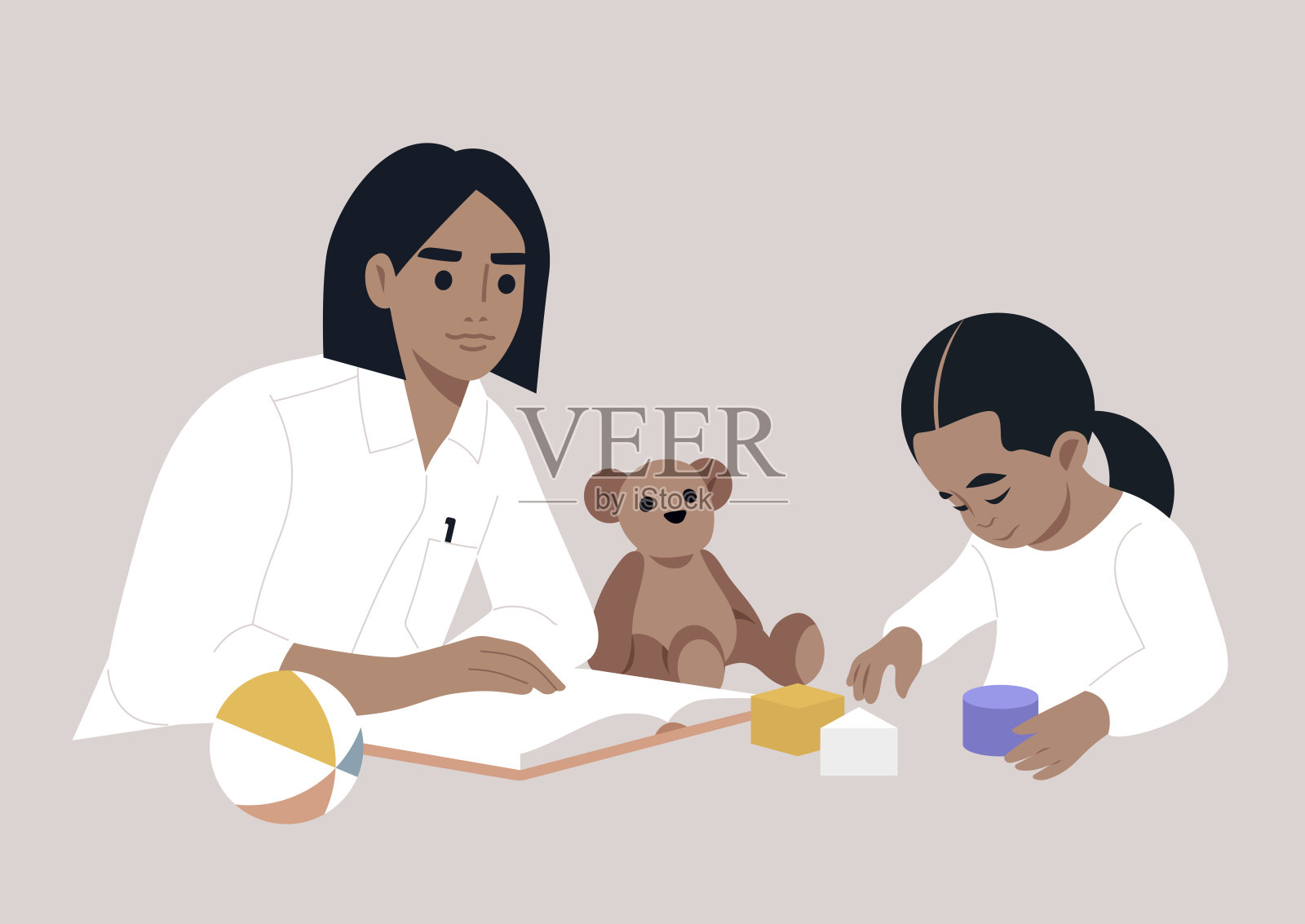 家庭时刻，父母大声朗读一本书，而孩子则喜欢玩积木插画图片素材