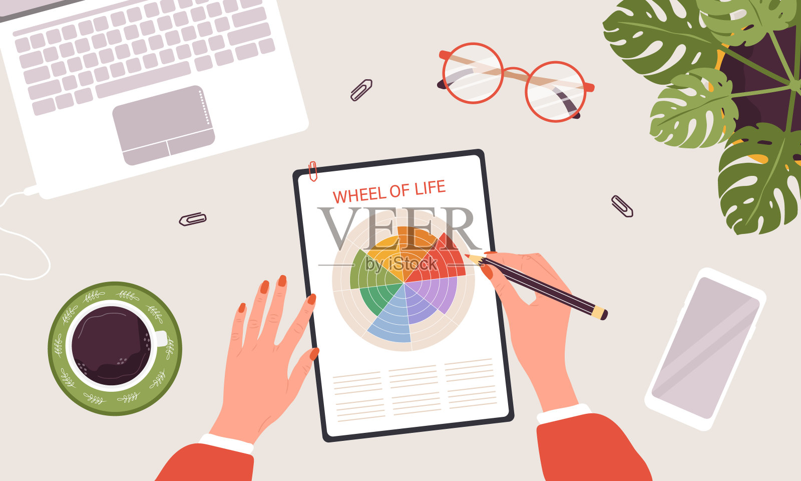 生命之轮。女人分析自己的需求。女性手持铅笔，画出生命平衡的圆圈图。俯视图的工作场所。幸福的概念。矢量插图在平面卡通风格插画图片素材