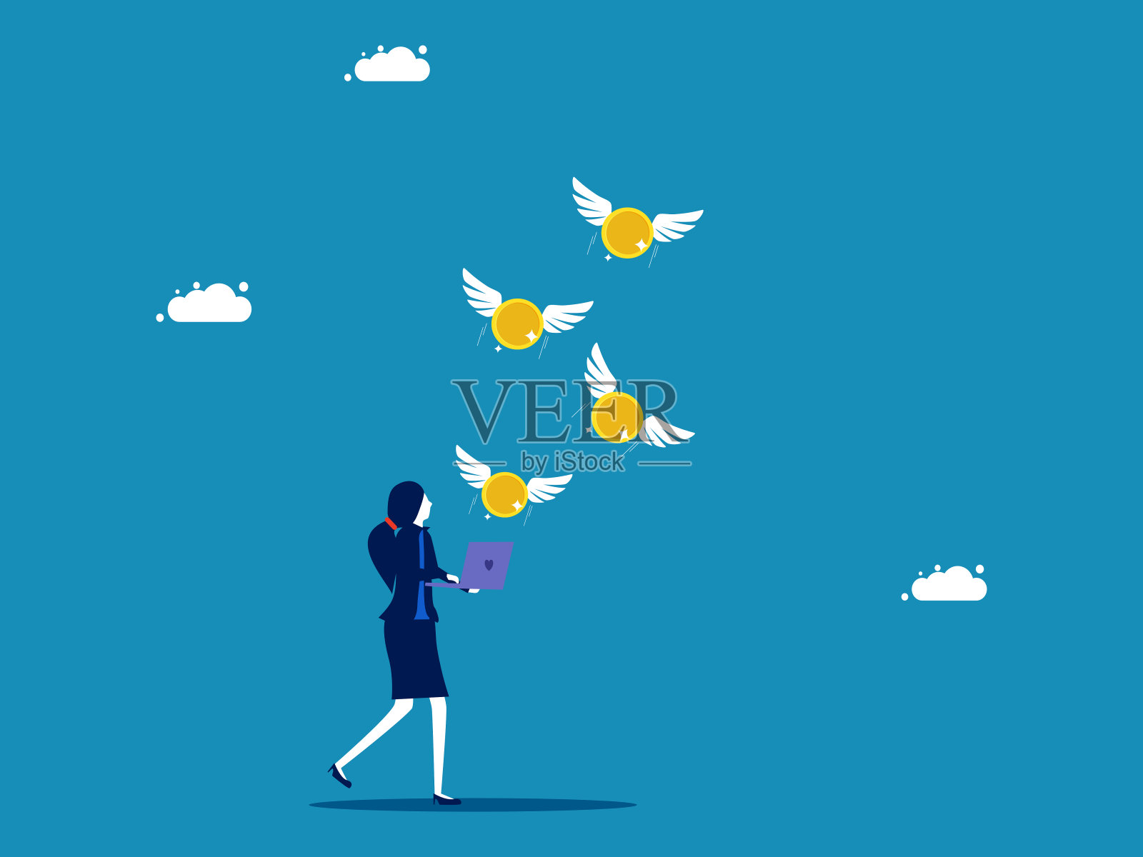 赚钱的工作。女商人用笔记本电脑在网上汇款。向量插画图片素材