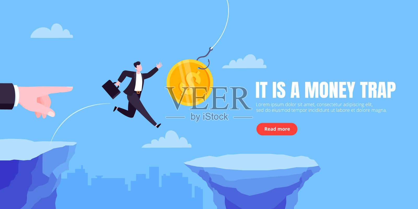 金钱陷阱的经营理念。年轻的成年商人跑去抢钱。插画图片素材