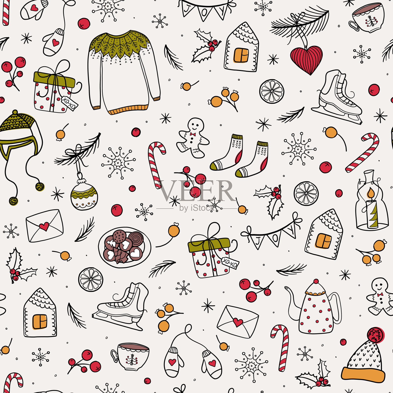 圣诞无缝图案与装饰冬季元素。可爱的印花与手绘季节性物品。插画图片素材