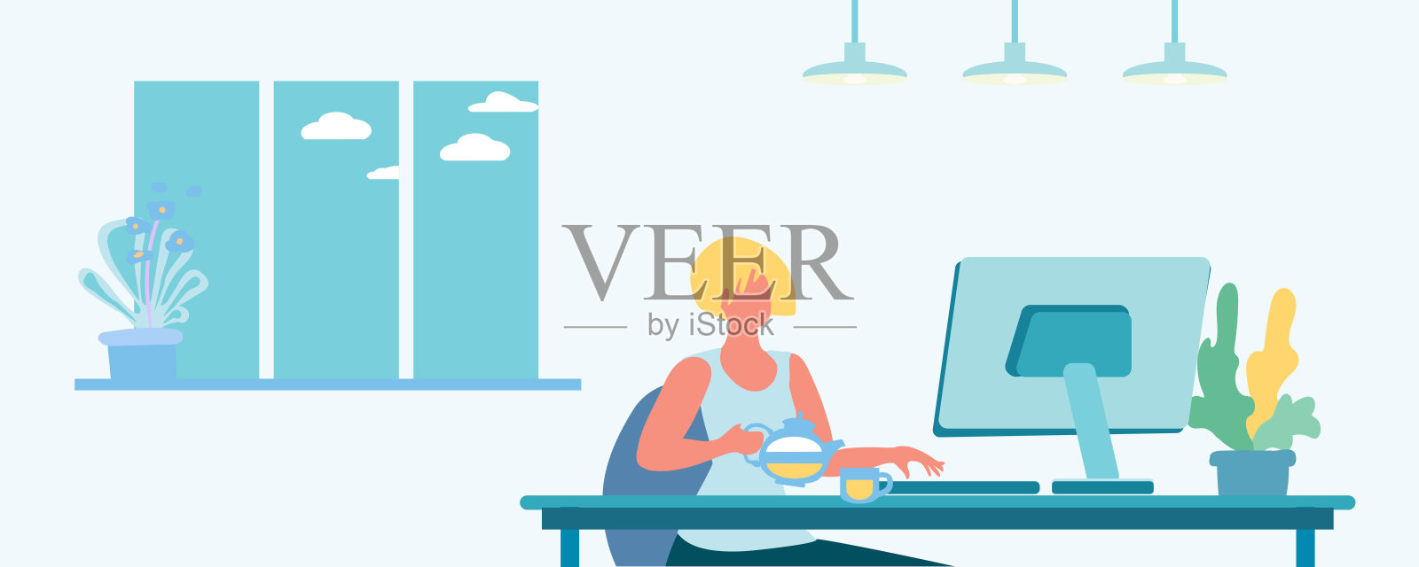 女学生在电脑，远程工作，自由职业者，卡通平面矢量插图插画图片素材