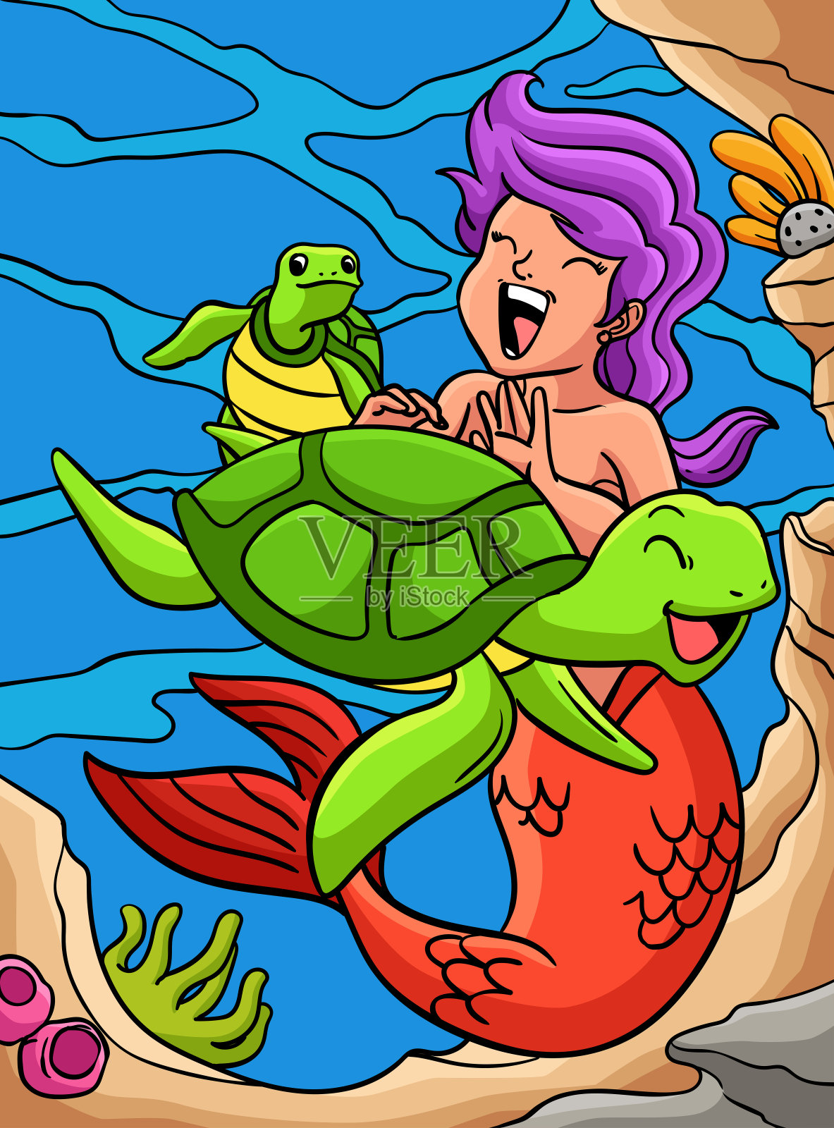 美人鱼在玩海龟彩色卡通插画图片素材