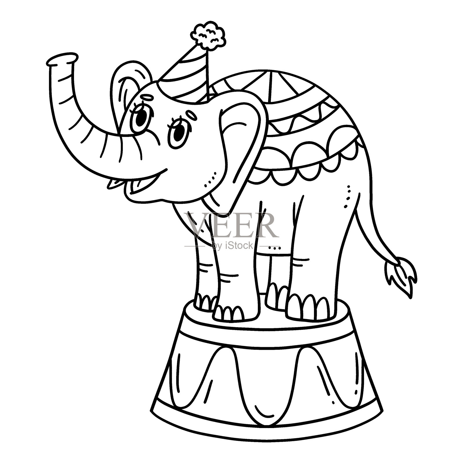 马戏团讲台上的大象孤立着色页插画图片素材