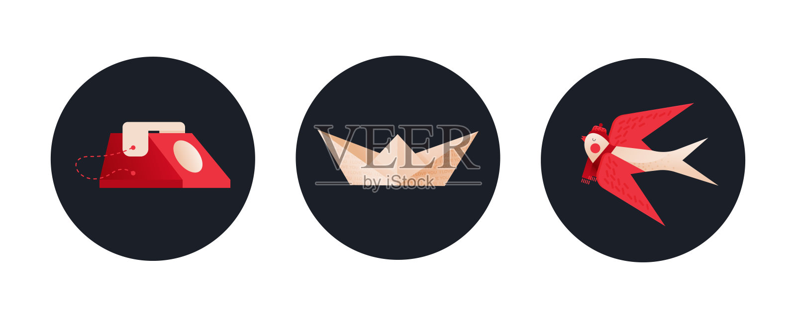 情人节。现代平面矢量概念插图。有红色电话的徽章，有我爱你纹理的纸船，小鸟。社交媒体广告。插画图片素材