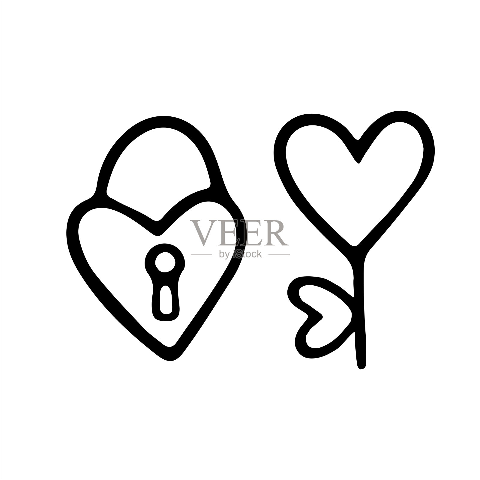 矢量涂鸦图标的心形锁与钥匙。用于卡片、情人节、生日、婚礼的轮廓绘制插画图片素材