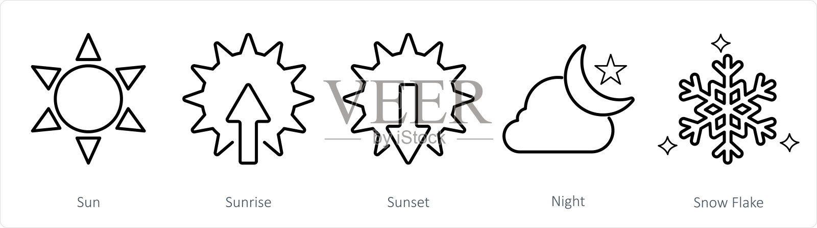 一套5个混合图标作为太阳，日出，日落插画图片素材