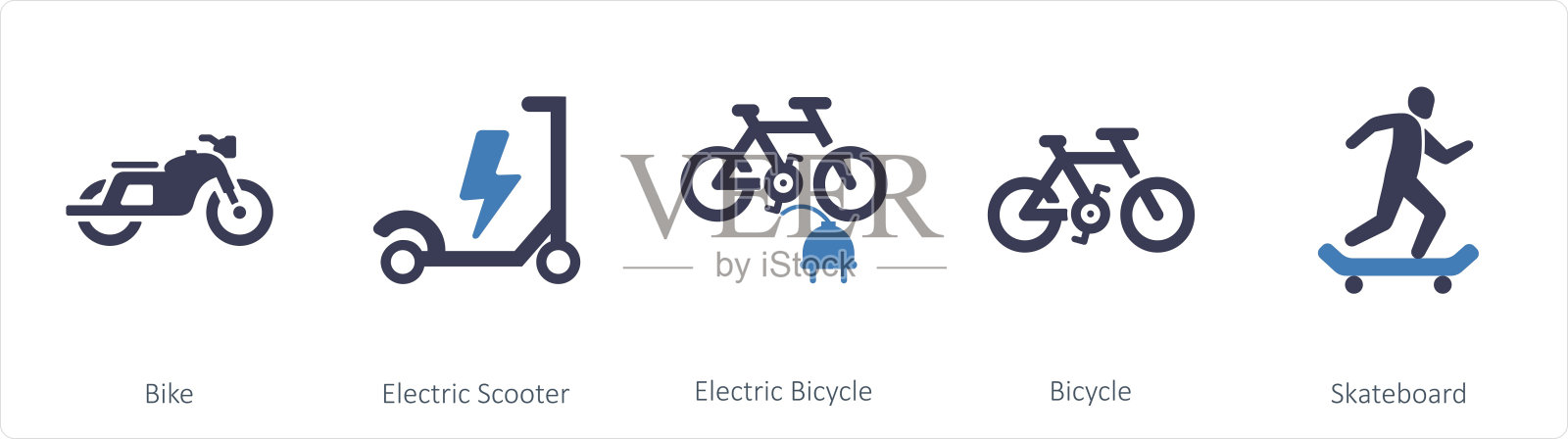一套5个混合图标，如自行车，电动滑板车，电动自行车插画图片素材