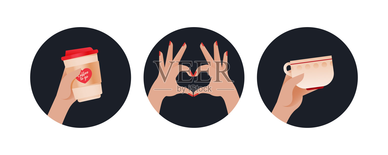 情人节。现代平面矢量概念插图。徽章与手握杯去，心形手势，手握杯。社交媒体广告。插画图片素材