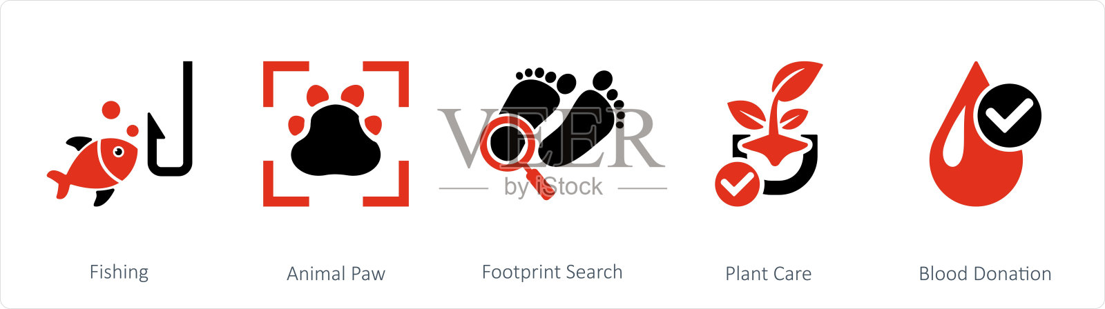 一套5个混合图标，如钓鱼，动物爪，足迹搜索插画图片素材