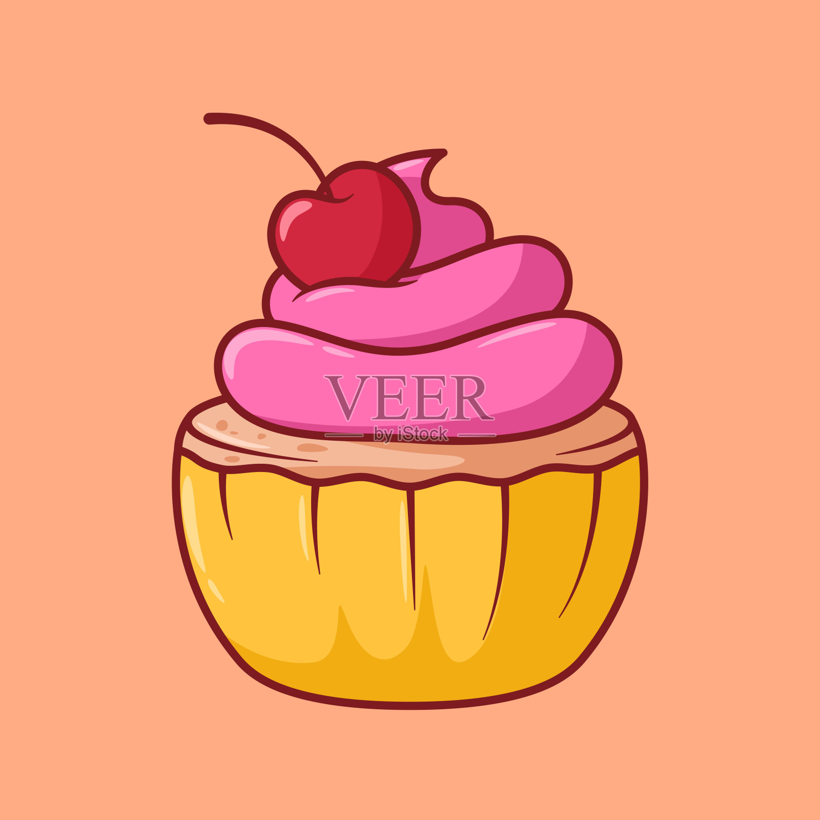 矢量可爱纸杯蛋糕与粉红色填充和樱桃插图卡通涂鸦平面彩色线条艺术矢量设计孤立的对象图标插画图片素材