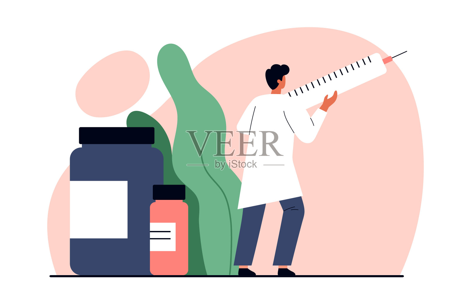 拿着注射器注射的小医生。拿着药的医生。医学、治疗、保健理念。矢量插图在卡通风格。孤立在白色背景上。插画图片素材