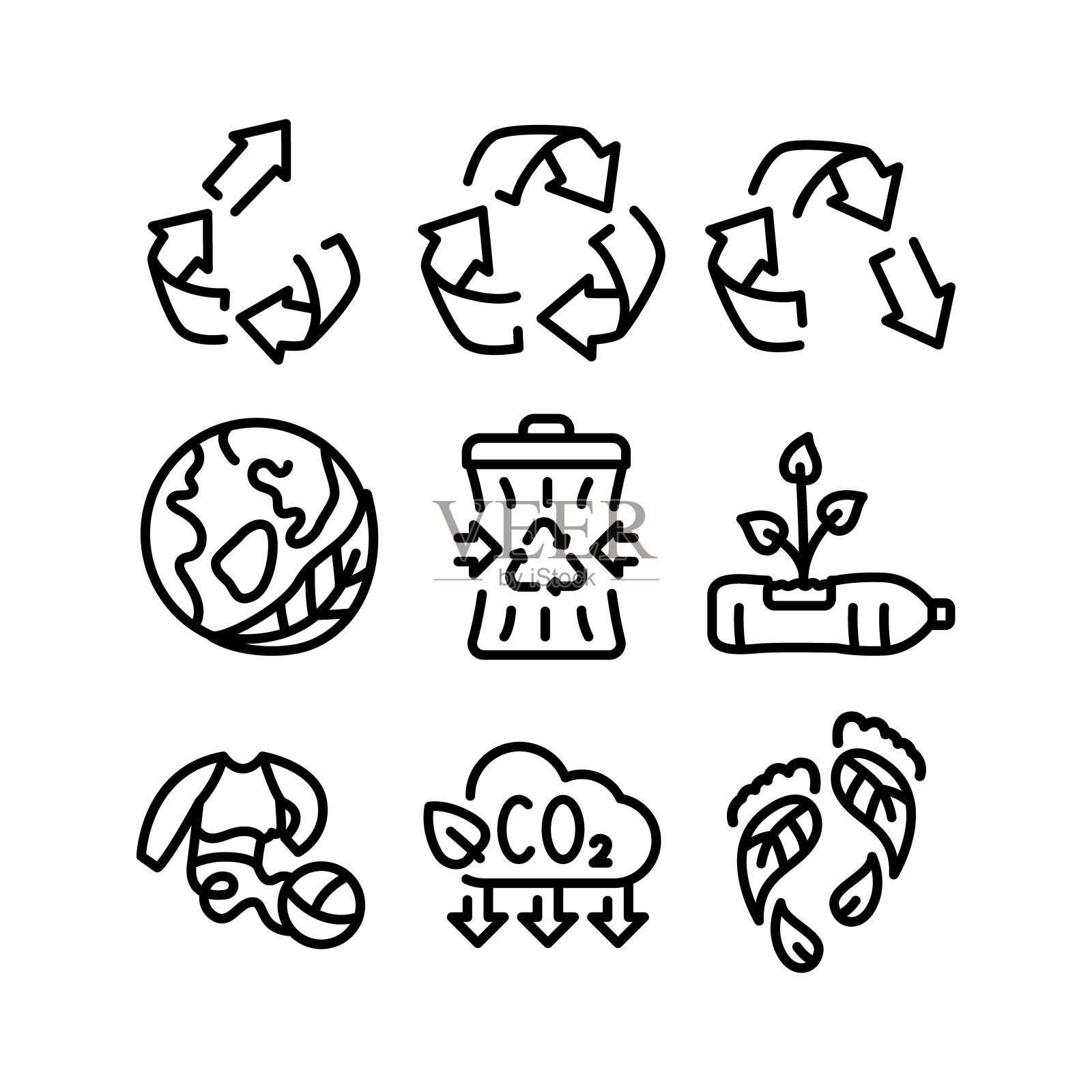 回收黑线图标集。生态友好。插画图片素材