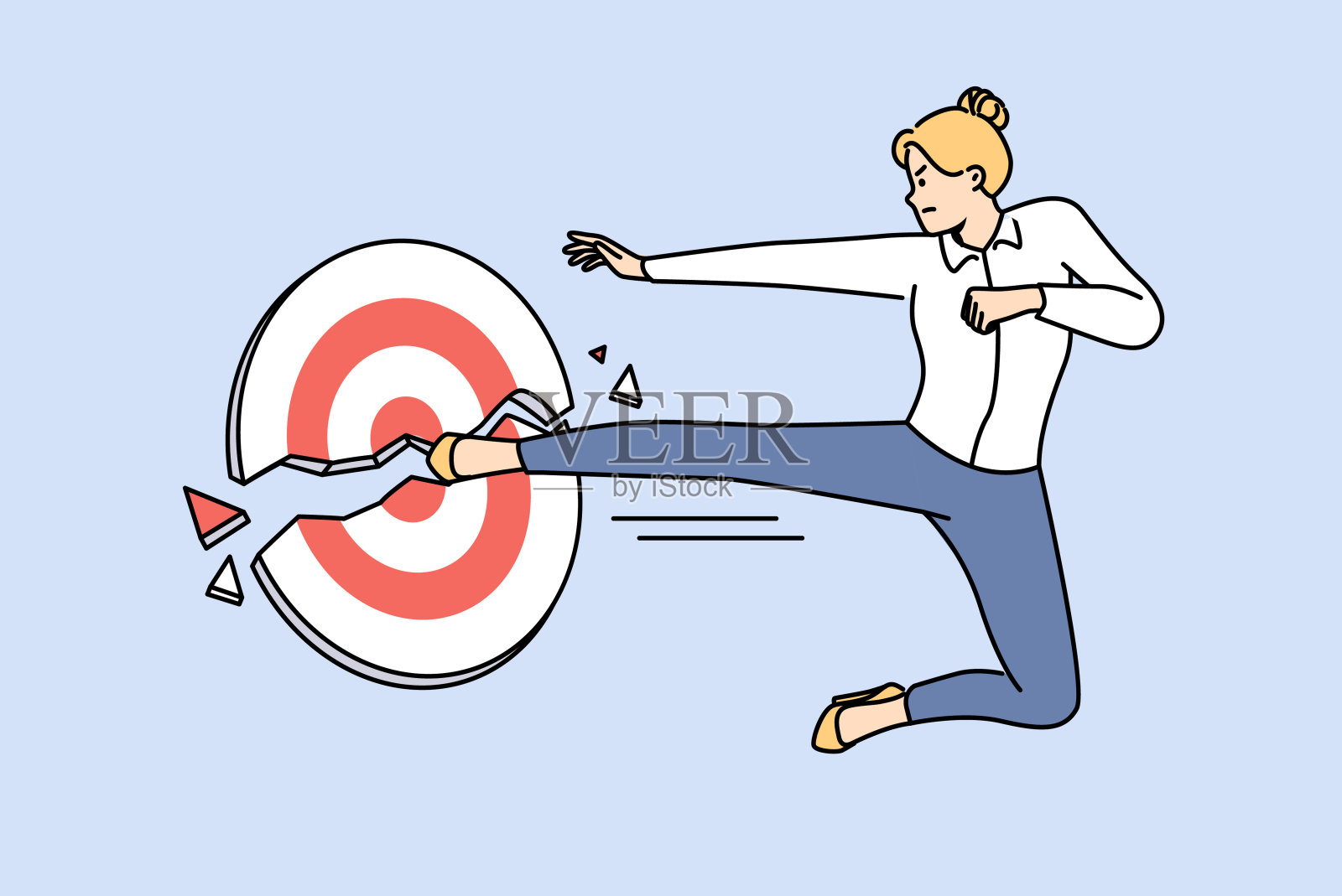 商业女性踢目标，表现出实现目标和完成任务的力量和雄心插画图片素材