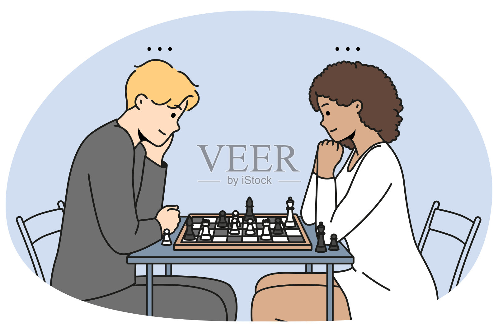 一对夫妇坐在桌旁下棋插画图片素材