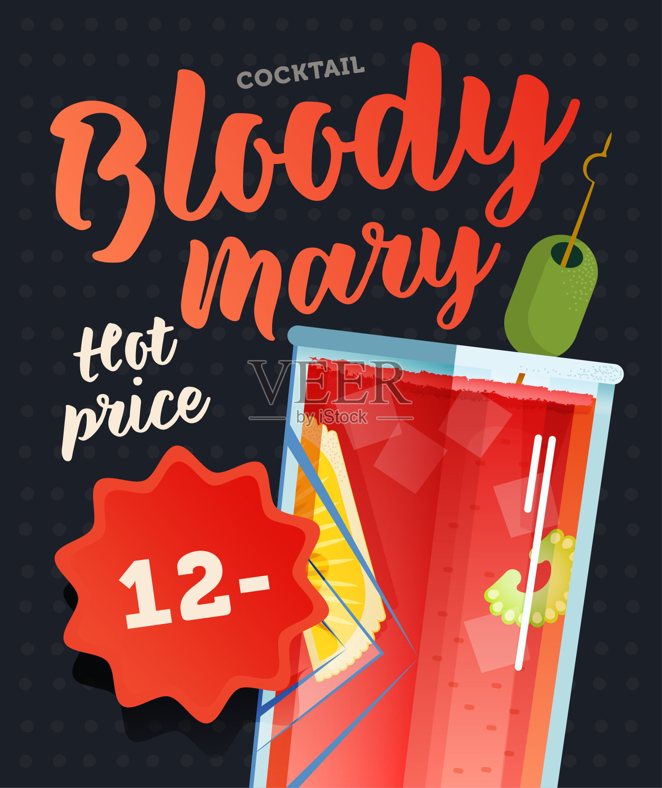 现代平面矢量概念插图。社交媒体广告鸡尾酒对黑暗的背景与价格徽章。热门价格海报概念。网页横幅。插画图片素材