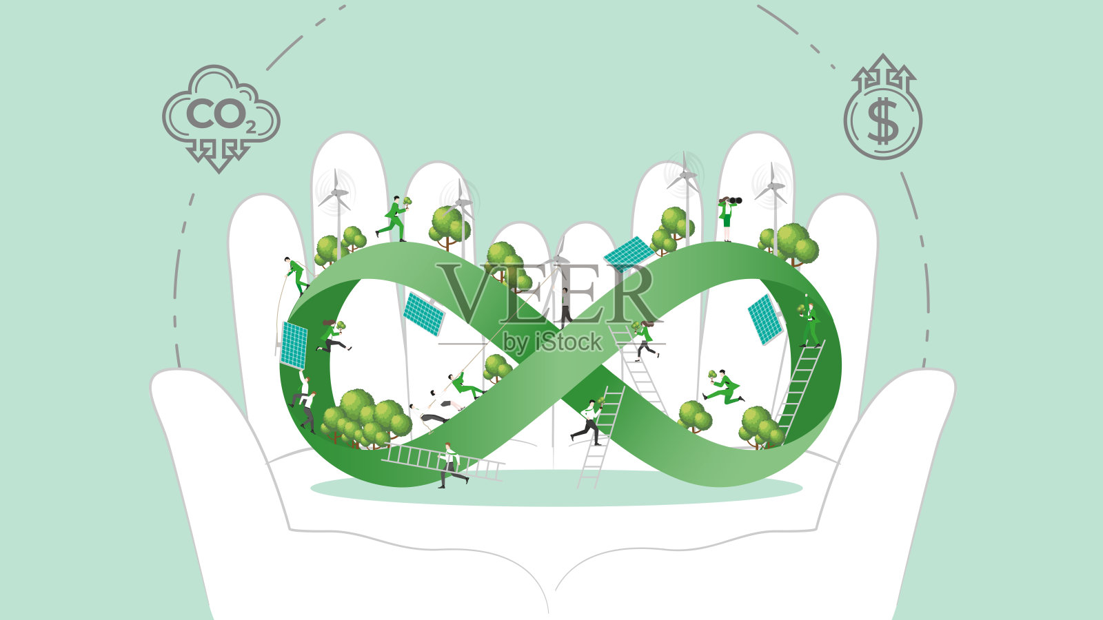 ESG可持续发展政策在手。碳信用从减少碳足迹和二氧化碳到碳抵消来计算。无限在手。插画图片素材