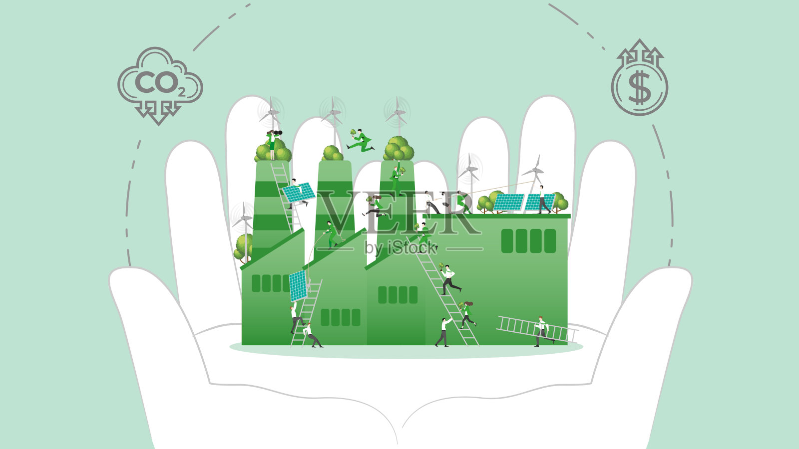 ESG可持续发展政策在手。碳信用从减少碳足迹和二氧化碳到碳抵消来计算。工厂在手。插画图片素材