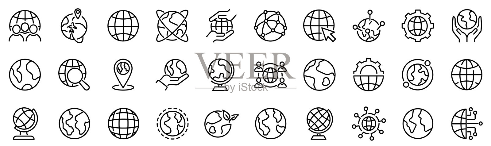 与地球仪相关的30个轮廓图标。线性图标收集。可编辑的中风。矢量图插画图片素材