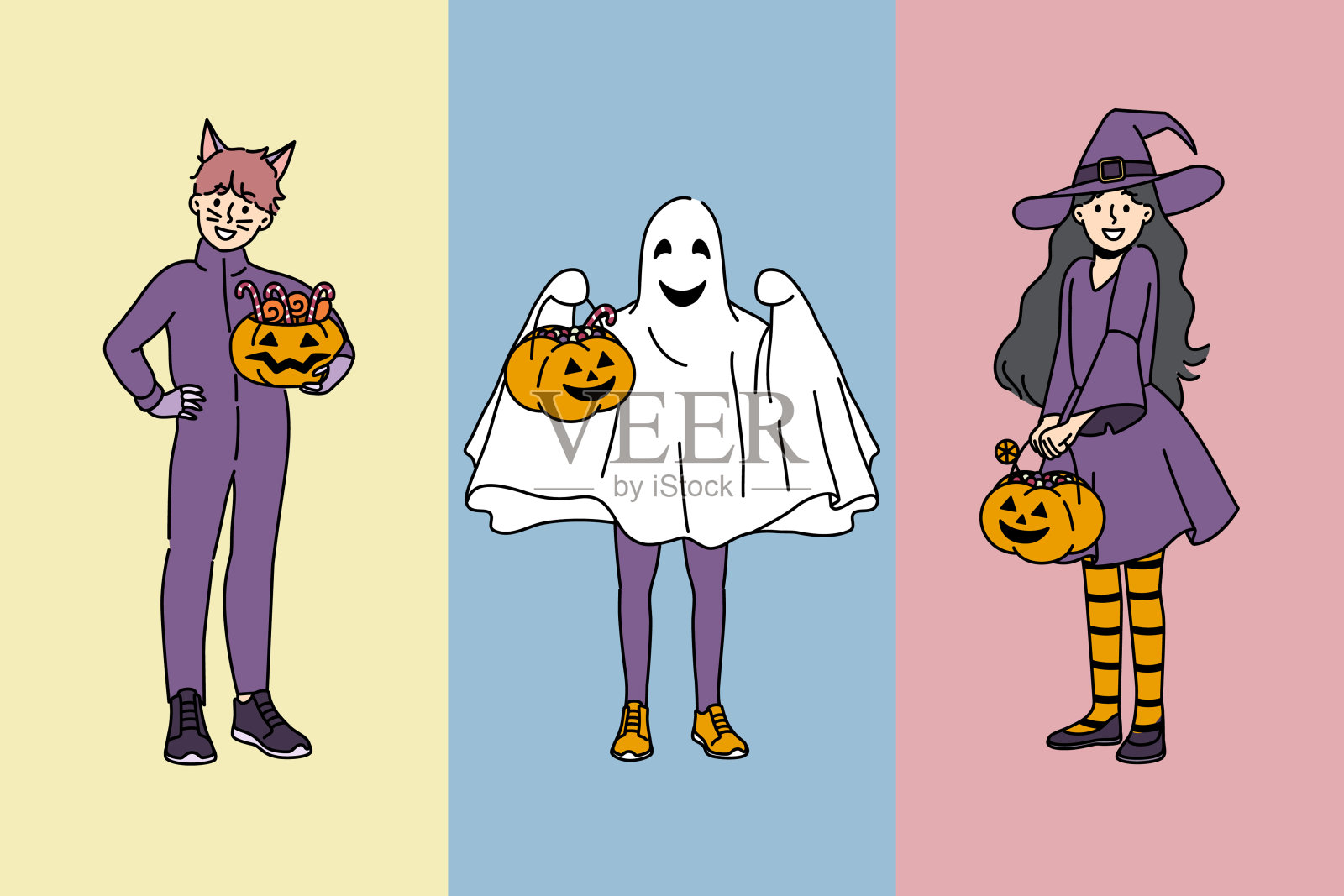 快乐的孩子们穿着万圣节的服装邀请他们去吃南瓜，手里拿着南瓜插画图片素材