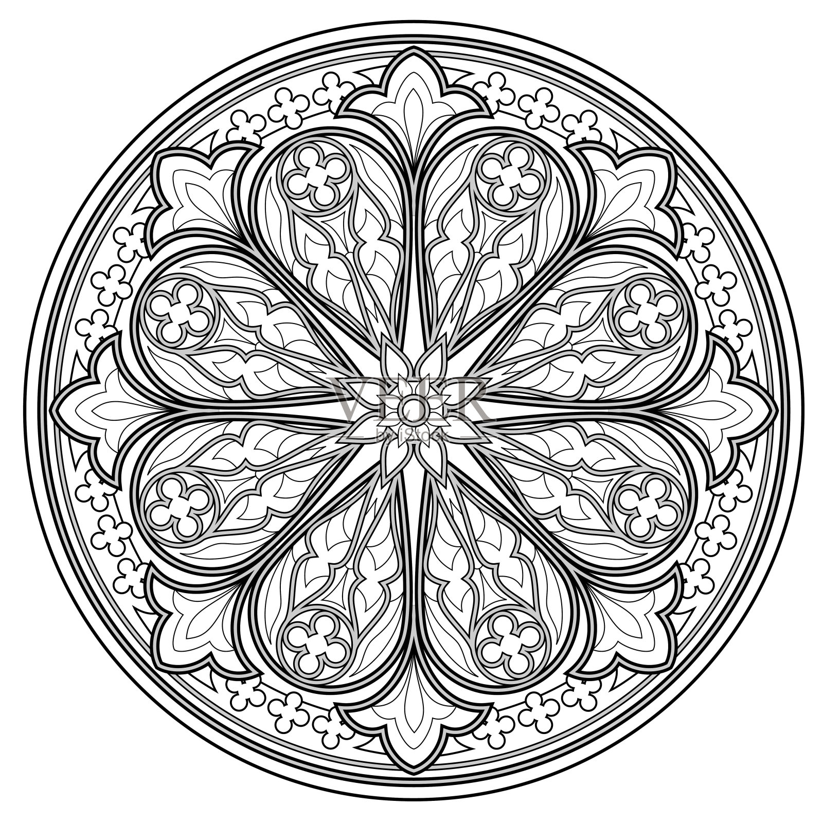 彩色画册的黑白页。幻想画美丽的哥特式玫瑰窗与彩色玻璃。西欧的中世纪建筑。适合儿童和成人的工作表。矢量图像。插画图片素材