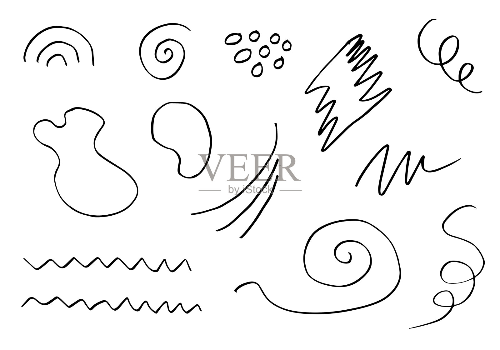 手绘集元素，黑色在白色的背景。强调，漩涡，概念设计。插画图片素材