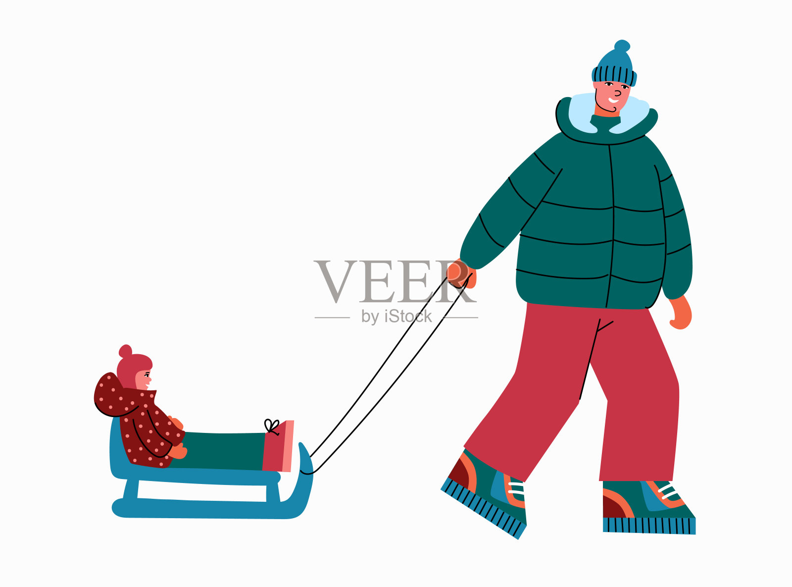 男人骑着孩子在雪橇上。父亲让女儿坐在雪撬上。我们花时间在一起积极和有趣。冬季娱乐。矢量插图在平面风格孤立。插画图片素材