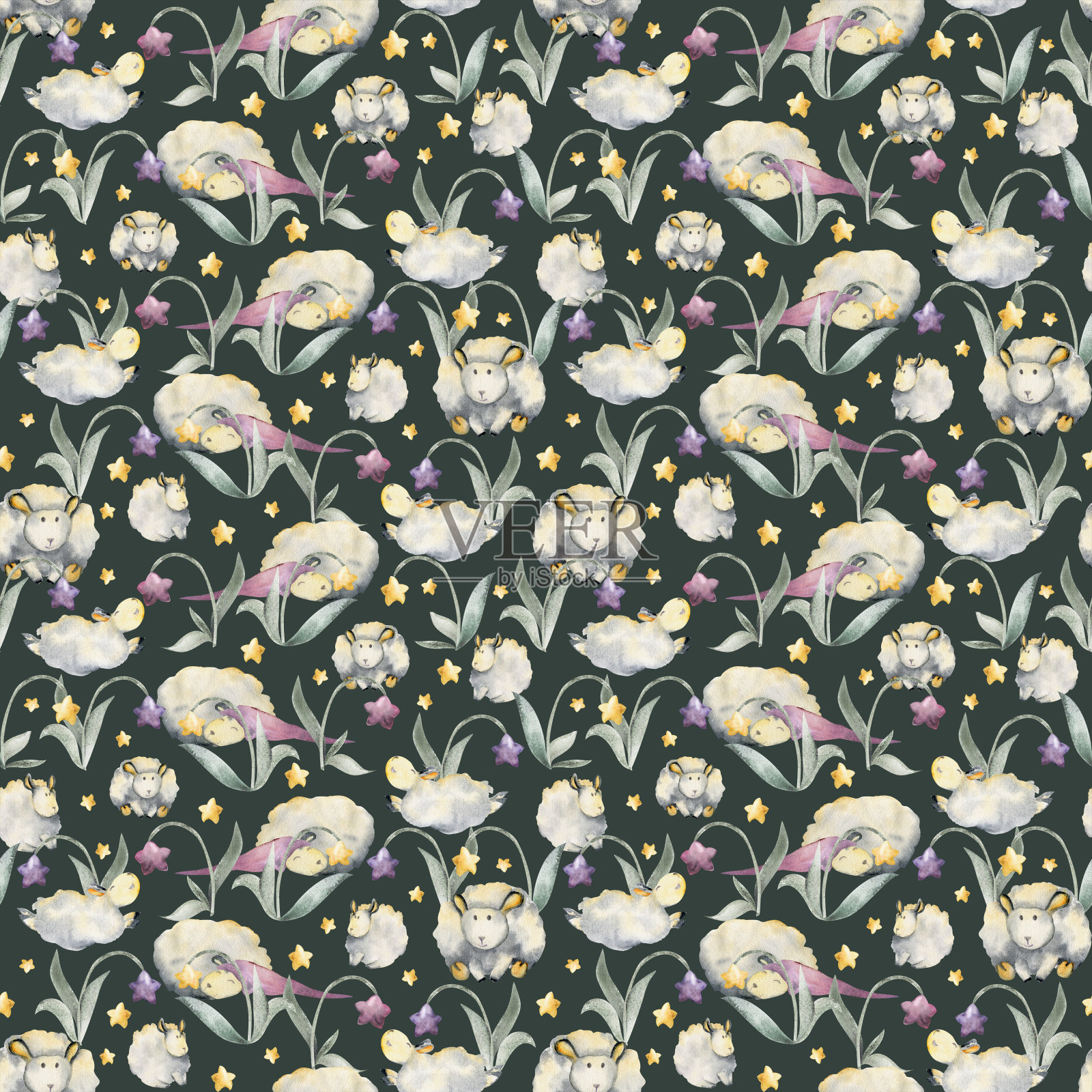 水彩手绘插图，可爱的毛绒小绵羊在神奇的星花田。无缝图案隔离在黑暗的背景。适用于儿童，儿童卧室，织物，亚麻印花，卡片艺术插画图片素材
