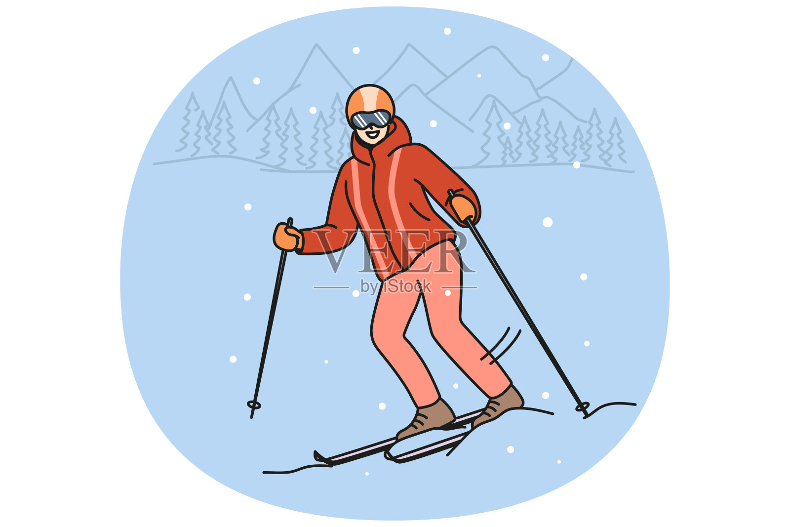 微笑的女人在山上滑雪插画图片素材