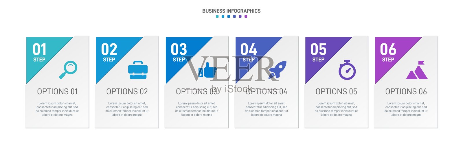 时间线信息图与信息图表。具有6种业务流程的现代表示模板。网站模板白色背景的概念现代设计。横向布局。插画图片素材