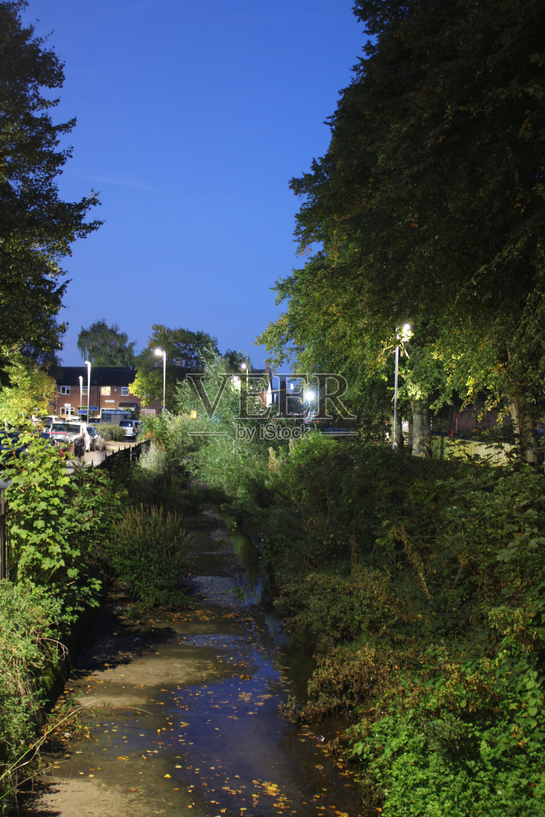 夜晚的小溪紧挨着一条路照片摄影图片