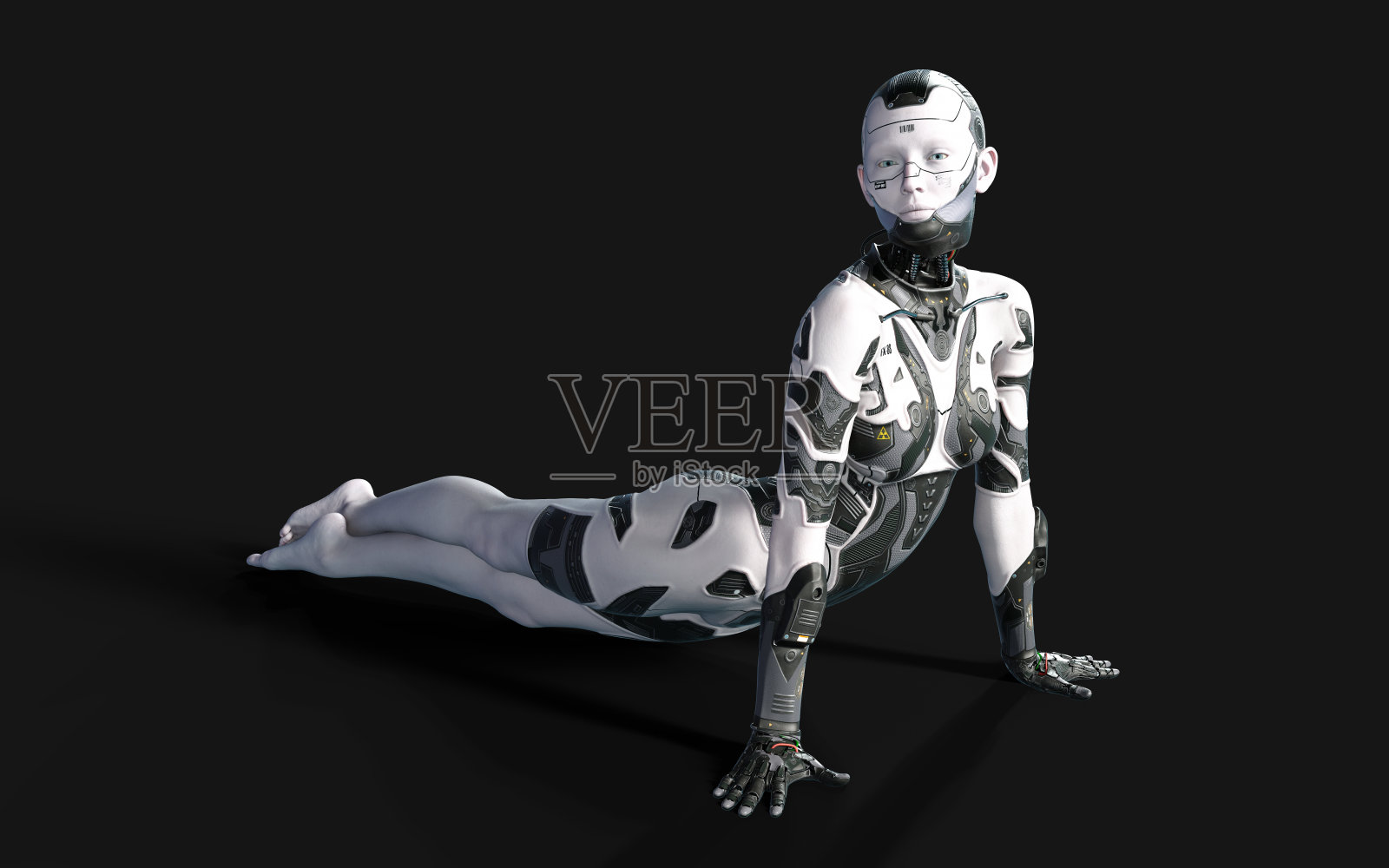 一个女性人工智能机器人在黑色背景上摆姿势照片摄影图片