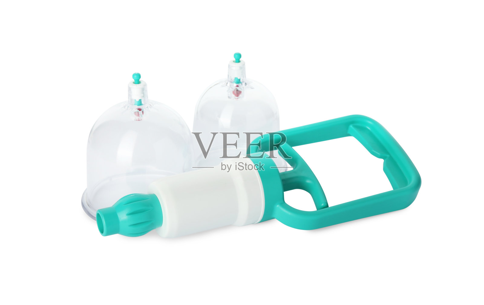 塑料杯和手泵隔离在白色上。拔火罐照片摄影图片