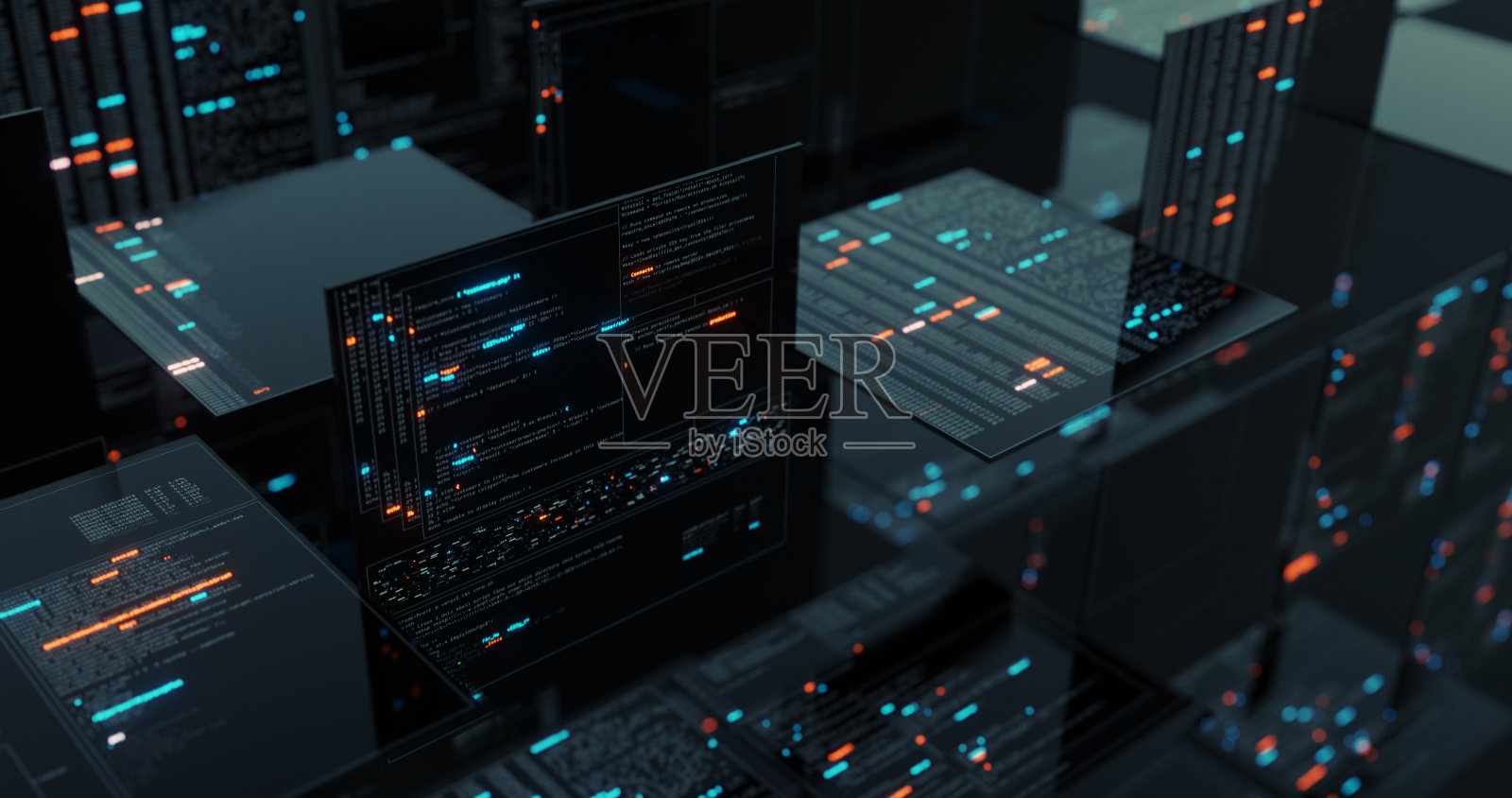 未来的高科技用户界面多显示与数字代码和数据信息图，遥测信息运动图形。三维渲染照片摄影图片