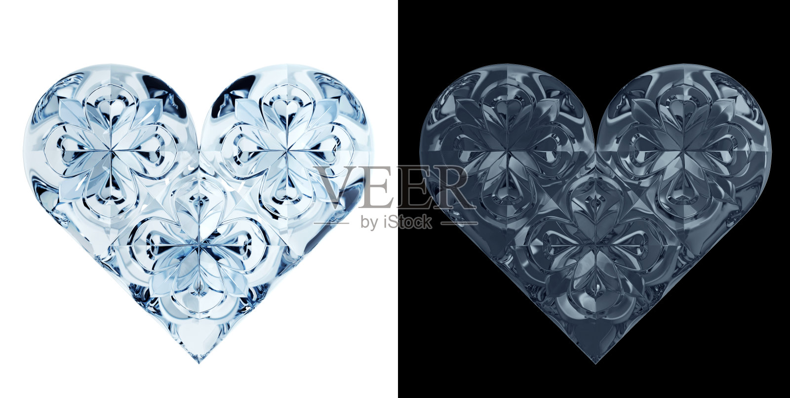 玻璃心形与花卉图案，隔离在白色和黑色照片摄影图片