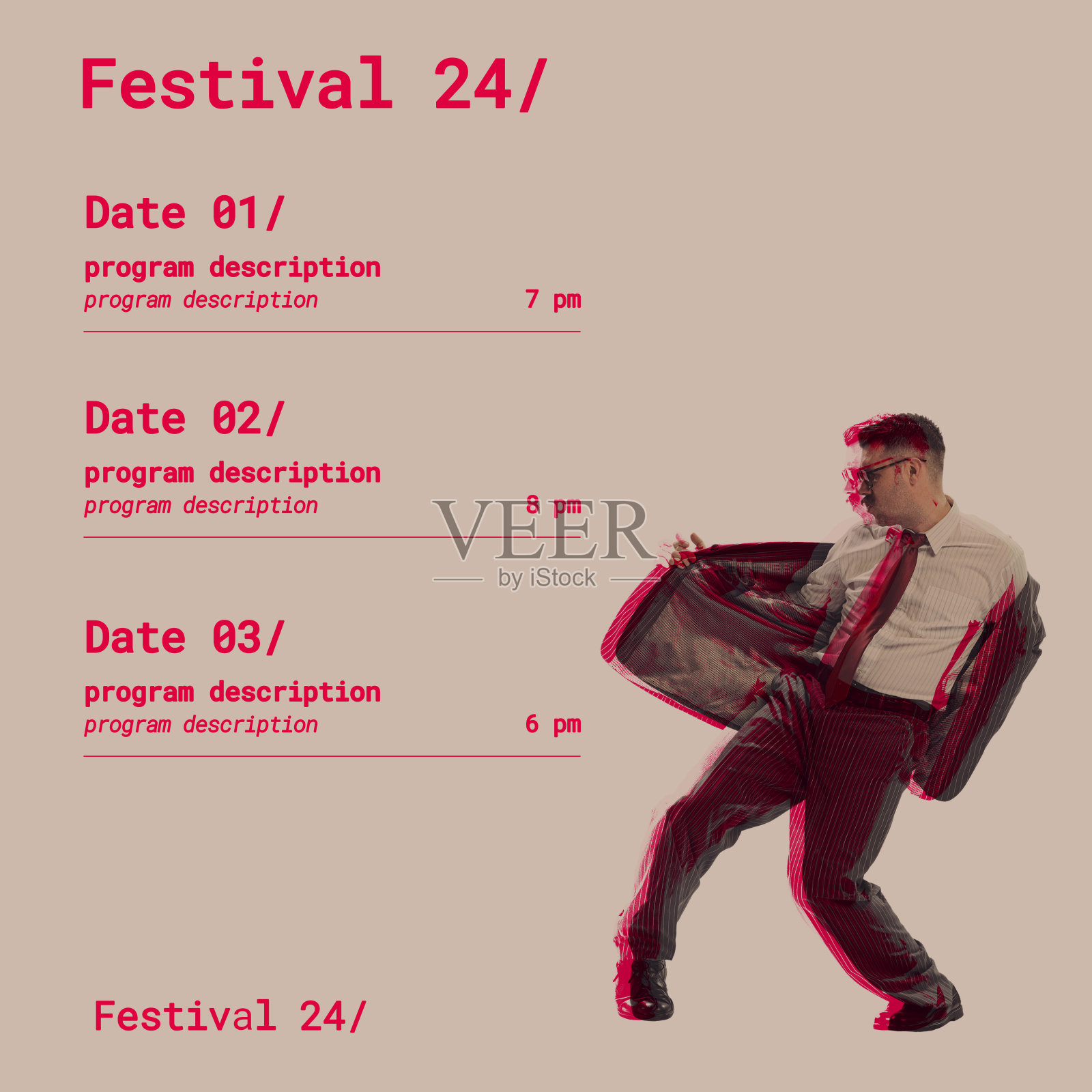 年轻的商人兴高采烈地在大背景上跳着节日信息的舞蹈。当代艺术拼贴。复古风格的海报。邀请照片摄影图片