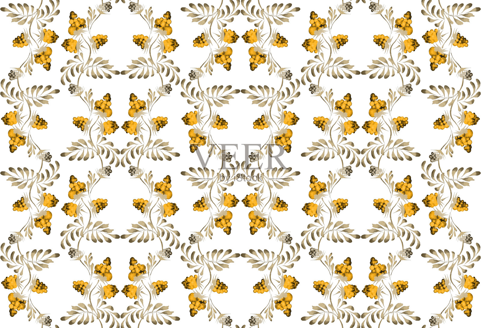 花卉水彩锦缎无缝图案，从手绘金覆盆子果实和金叶在一个白色的背景插画图片素材