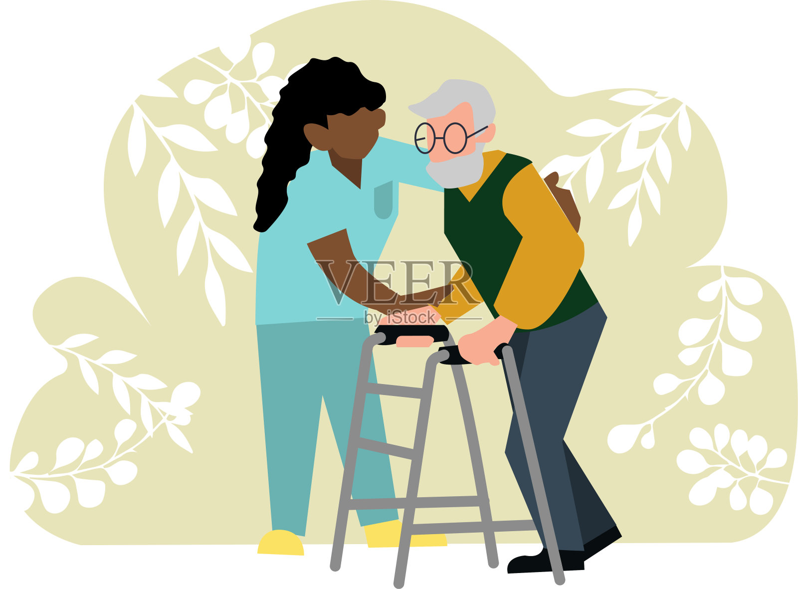 卡通黑人女护士帮助老人插画图片素材