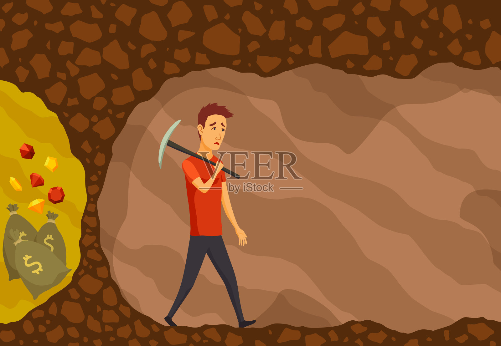 商人失败。人们用鹤嘴锄挖洞，寻找珍贵的宝藏。雄心勃勃，勇于挑战，在商业上取得成功。职业发展和动力实现伟大目标的概念插画图片素材