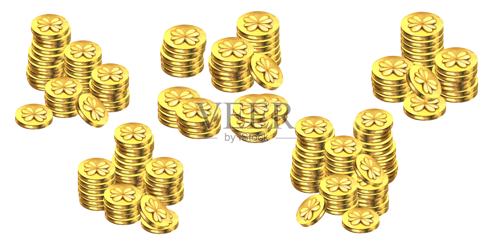 复古风格金属质感的水彩黄金魔法四叶草硬币，为金融、利润、金钱、商业、运气、赌场、头奖、赢钱、发财、圣帕特里克节设计带来好运插画图片素材