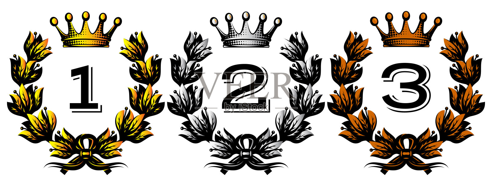 一套三个花圈奖励获奖者，月桂叶与一个皇冠。矢量彩色插图。设计的背景或元素插画图片素材
