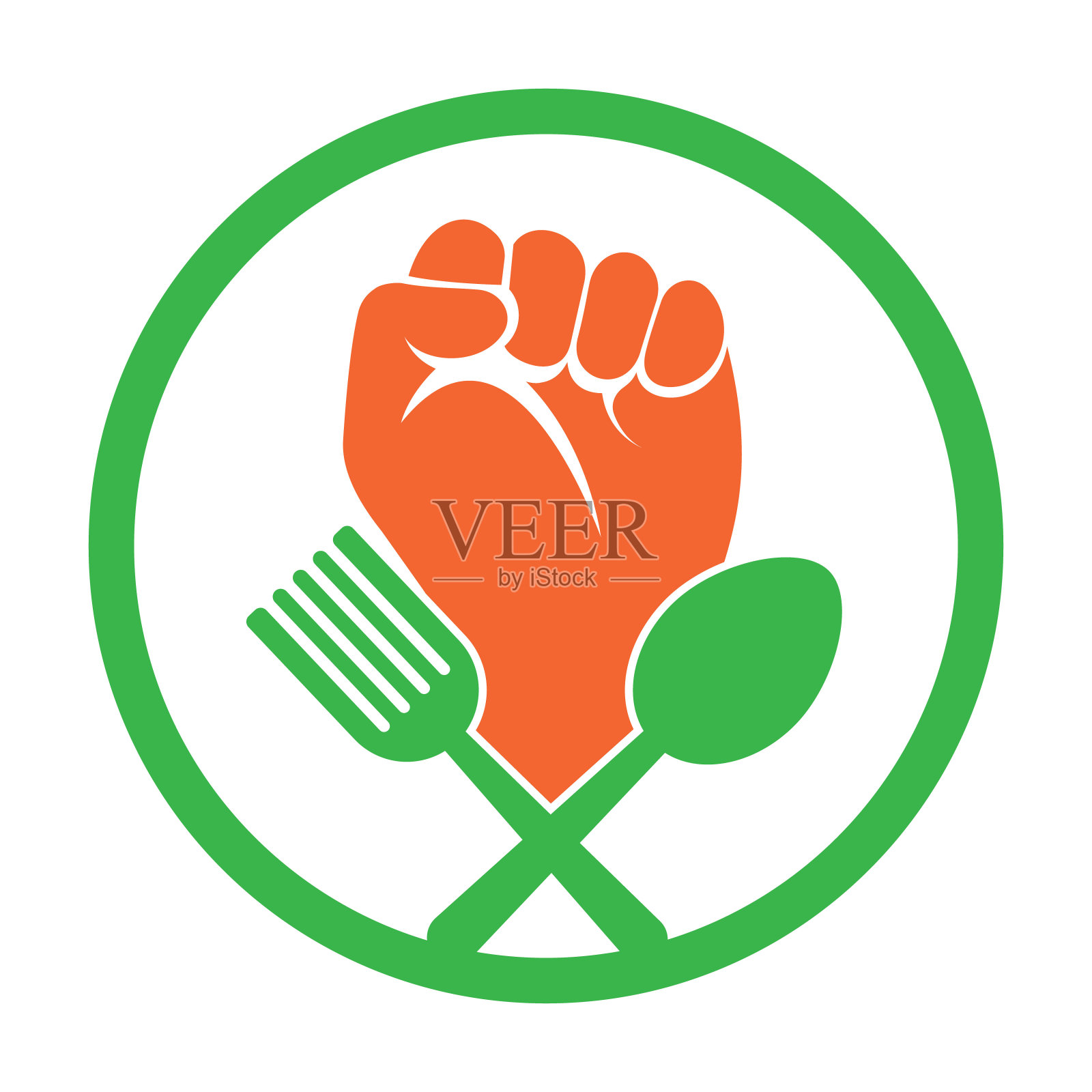 第一个食品标志设计图标矢量插图。拳头与叉子标志设计图标。插画图片素材