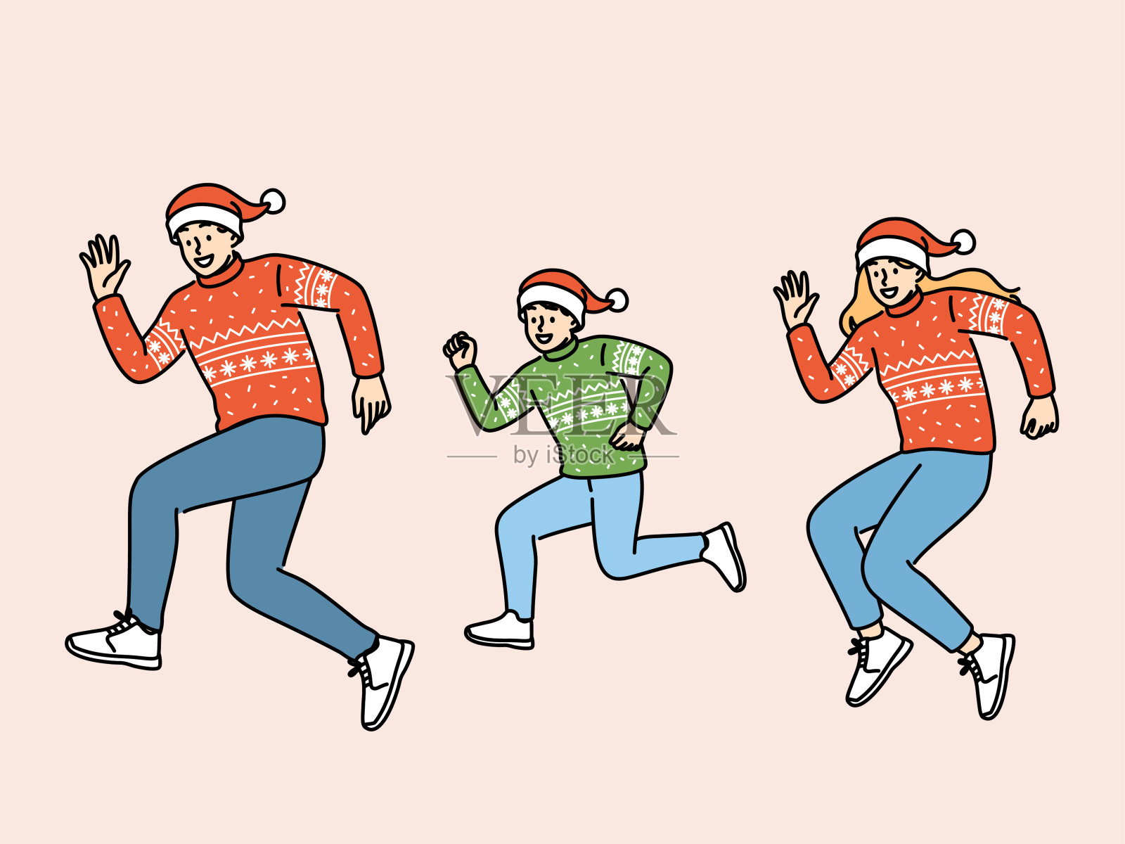 一家人穿着圣诞服装，戴着圣诞帽，在新年假期里跳舞，做同样的动作或跑步插画图片素材