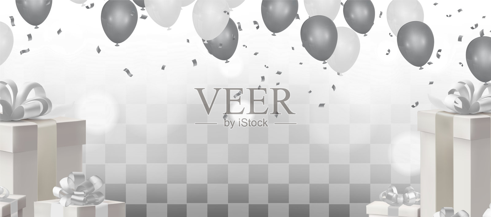 透明背景上有气球和五彩纸屑的礼品盒。矢量插图。插画图片素材