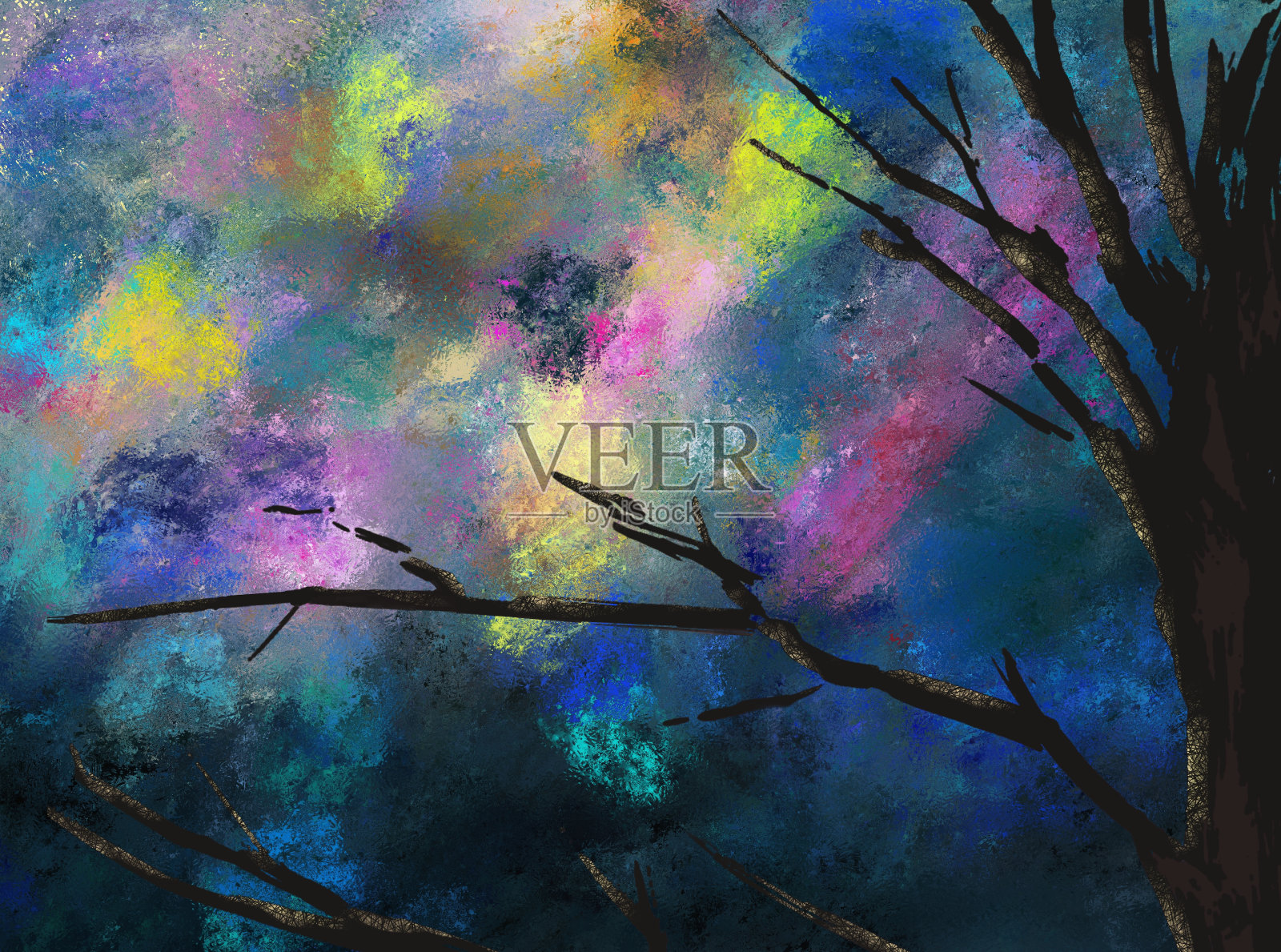 夜色森林衬托下明亮多彩的天空插画图片素材