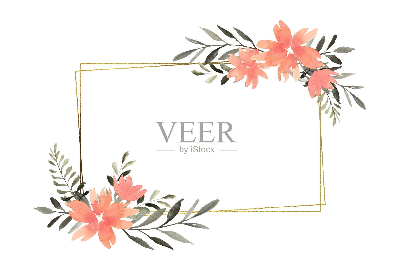 水彩花卉矩形框架与组成的橙色花朵和绿色植物，框架与金色纹理。手绘插图植物模板贺卡或婚礼请柬，母亲节，生日，3月8日，海报，标志插画图片素材