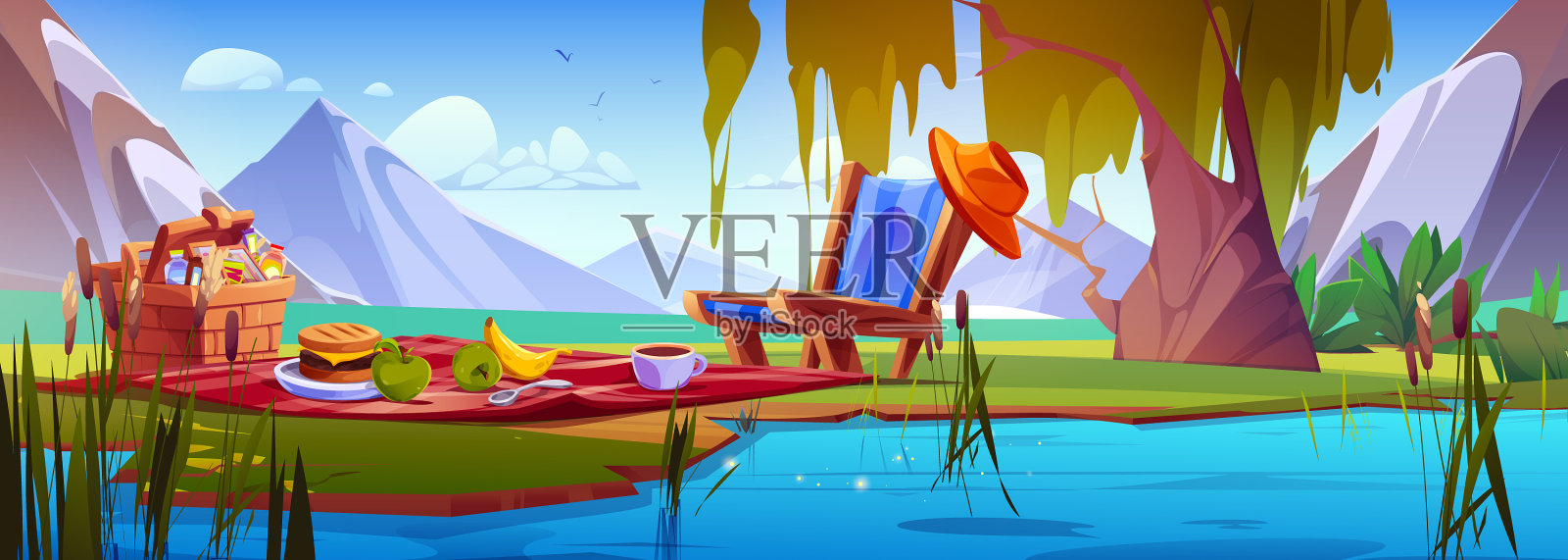 在草地上野餐，面对山景插画图片素材